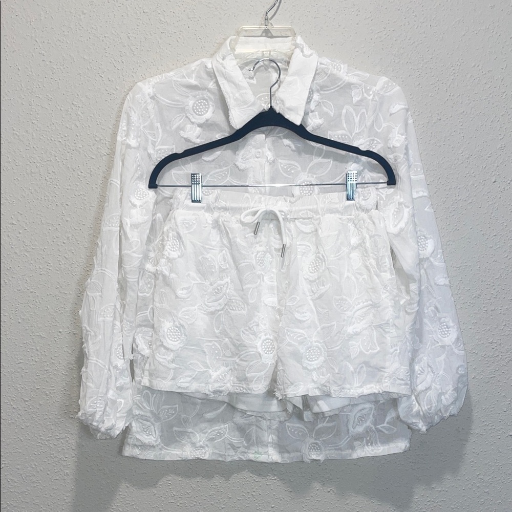Elegant White Embroidered Women Top and Shorts Set